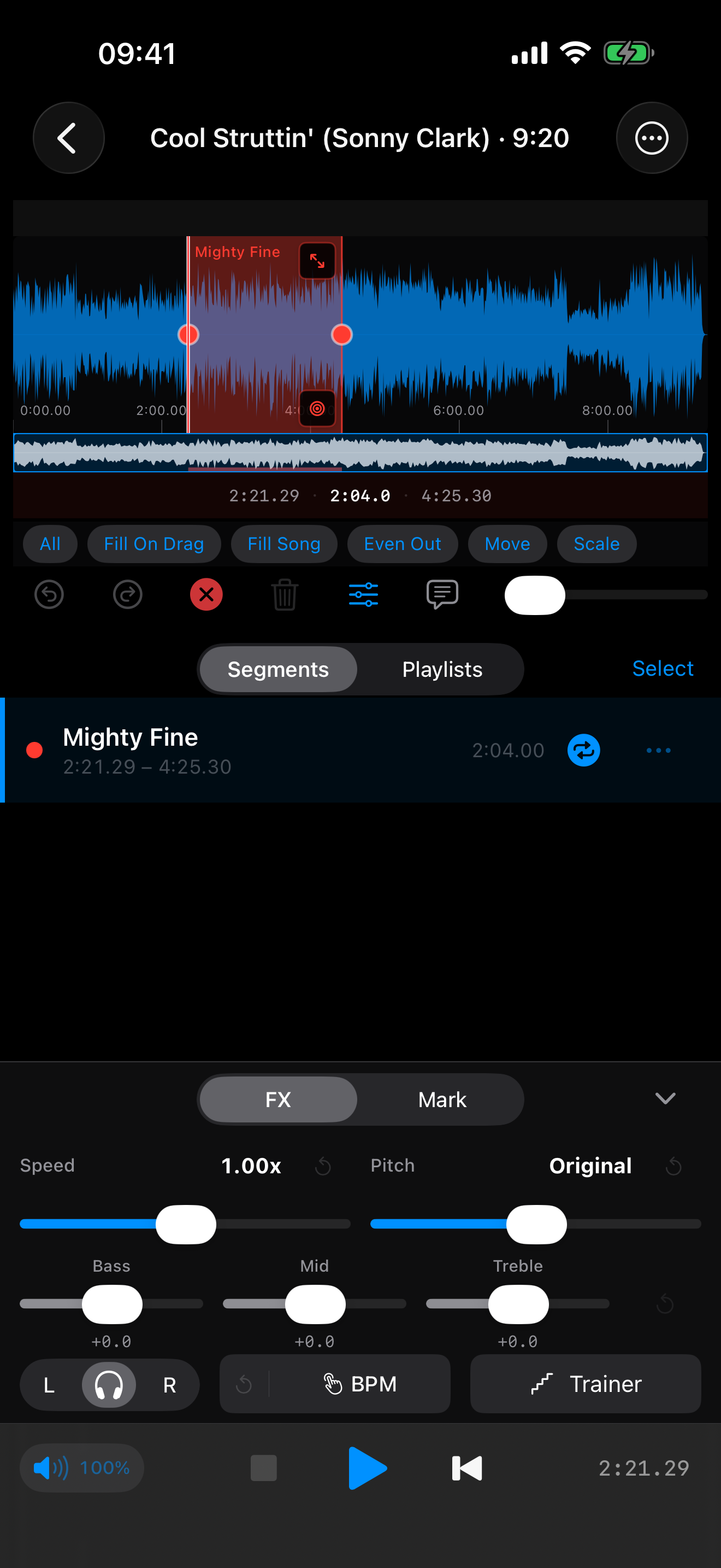 PhraseLooper showing a song waveform with a looped segment and tempo controls